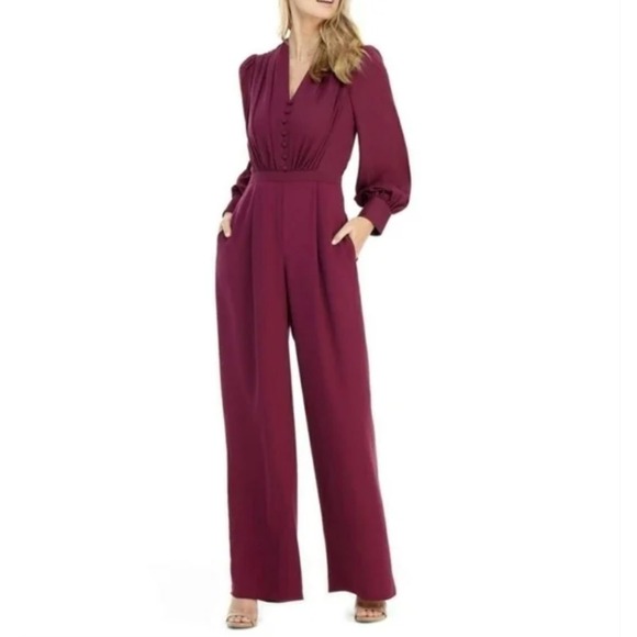 Gal Meets Glam Jessamyn Wide Leg Fuscia Sz 8 Long Sleeve Button Front Jumpsuit